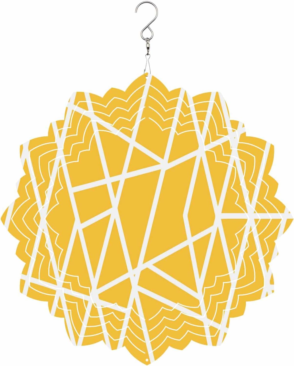 Geometric Texture Wind Spinner 3D Stainless Steel, 12 in Lotus Shape Double Sided Circle Hanging Wind Spinners, White Line Art Yellow Garden Art Wind Sculpture for Yard Porch Front Door