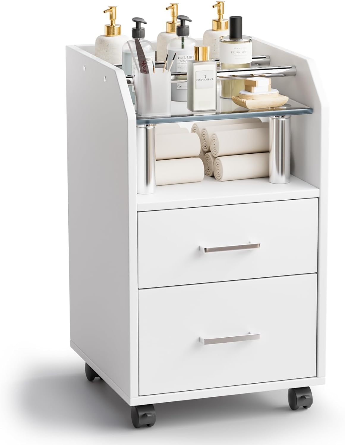 OmySalon Pedicure Cart, Foot Bath Trolley with Storage Drawer & Bottle Racks, Portable Salon Station for Esthetician Manicure & Foot Massage, Beauty Spa Supplies with Locking Wheels, White