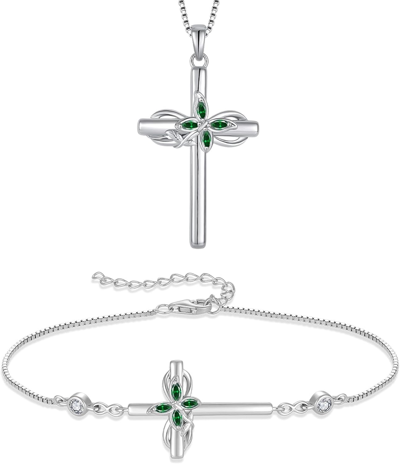Cross Necklace and Bracelet for Women 925 Sterling Silver Infinity Butterfly Pendant Necklace Bracelet Emerald May Birthstone Jewelry Set Crucifix Religious Jewelry