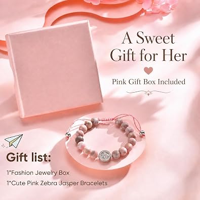 Beaded Bracelets for Girls, Adjustable Pink Zebra Jasper Beaded Bracelet with Compass Four Leaf Clover Charm, Natural Stone Girls Jewelry in Pink Gift Box, Birthday Gifts for Daughter Granddaughter Friend