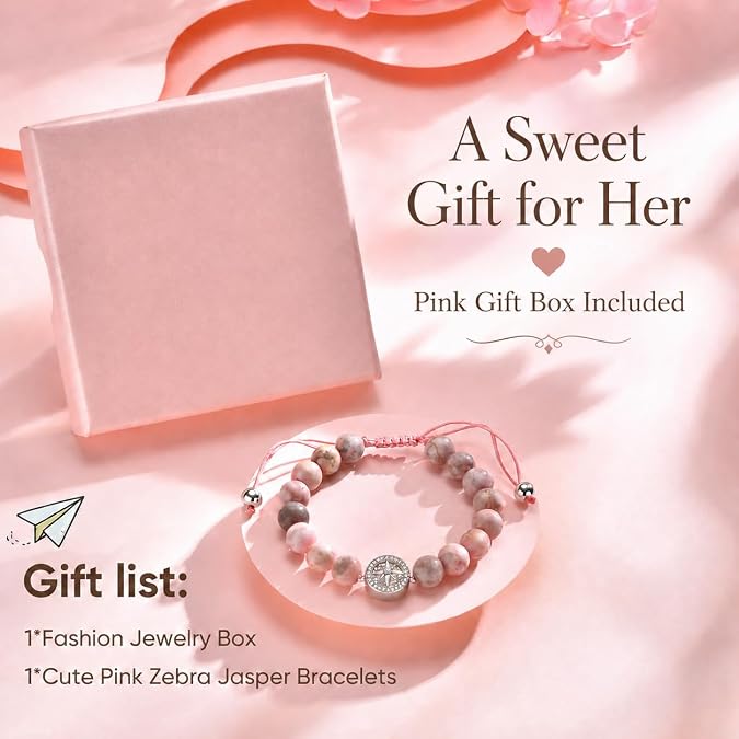 Beaded Bracelets for Girls, Adjustable Pink Zebra Jasper Beaded Bracelet with Compass Four Leaf Clover Charm, Natural Stone Girls Jewelry in Pink Gift Box, Birthday Gifts for Daughter Granddaughter Friend