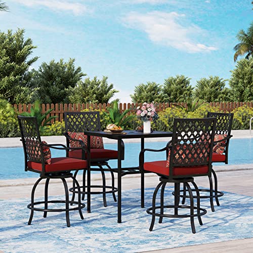 Sophia & William Patio Bar Set 5 Piece Outdoor High Dining Table And Chairs, Metal Furniture Set With 4 Swivel Bar Stools With Red Cushion And 1 Square Bar Height Table With 1.89'' Umbrella Hole #TOP4
