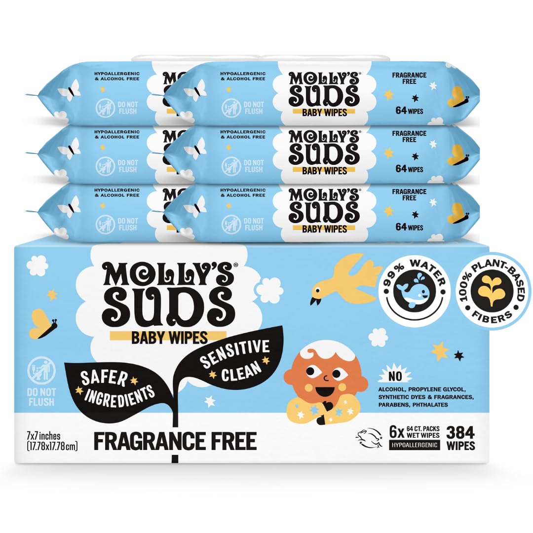 Molly's Suds Sensitive Clean Baby Wipes | 99% Water, Plant-Based, Fragrance Free | 576 Total Wipes (9 Flip-Top Packs)