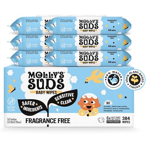 Molly's Suds Toallitas para bebés Sensitive Clean 99% de agua, a base de plantas, sin fragancia, 384 toallitas en total (6 paquetes abatibles)