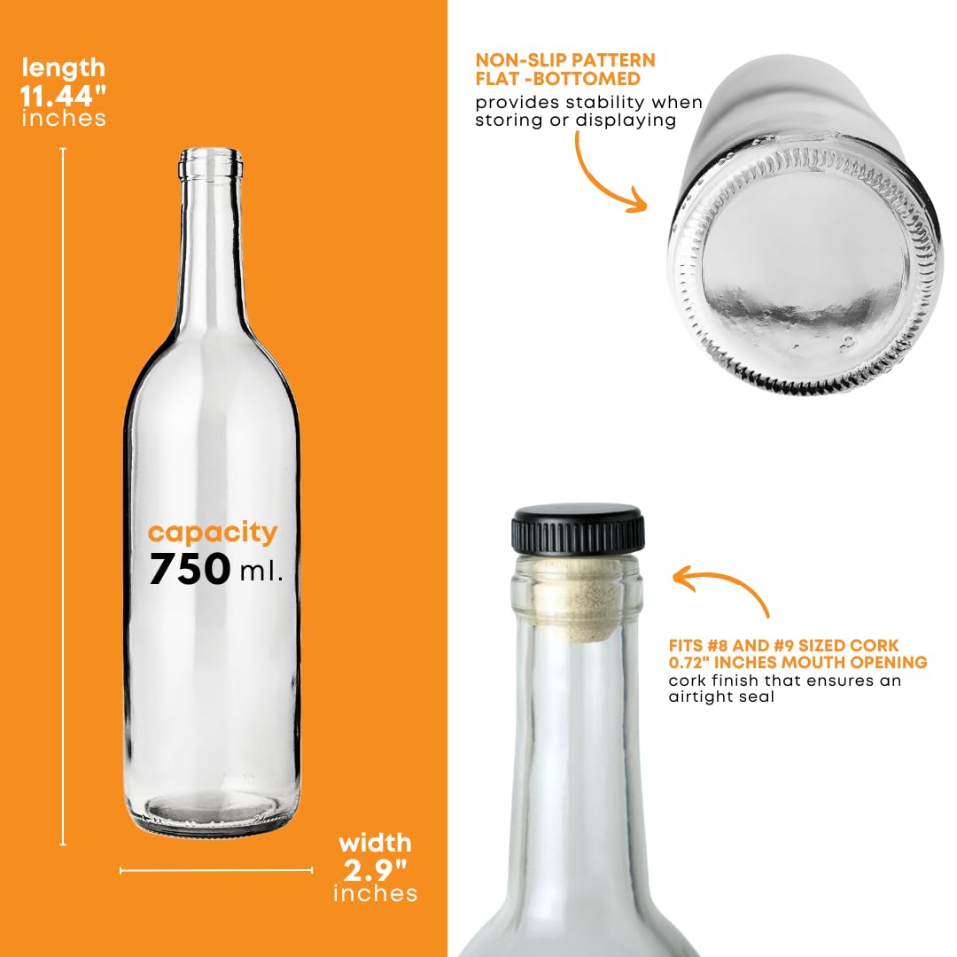 FastRack 750 ml Clear Wine Bottles with 6 Cognac Corks w/Plastic Tops (Pack of 6) Bordeaux Bottles/Flint Flat-Bottomed Cork Top | Ideal for Wine Making and Storage - Image 3