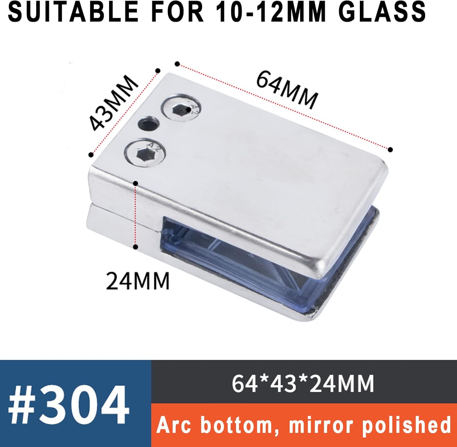 Pack of 8 Glass Clips 304 Stainless Steel Glass Clips, Square Adjustable Flat-Back Glass Clip with fine Adjustment Screw for Balcony Balustrade,10~12mm,Arc Bottom