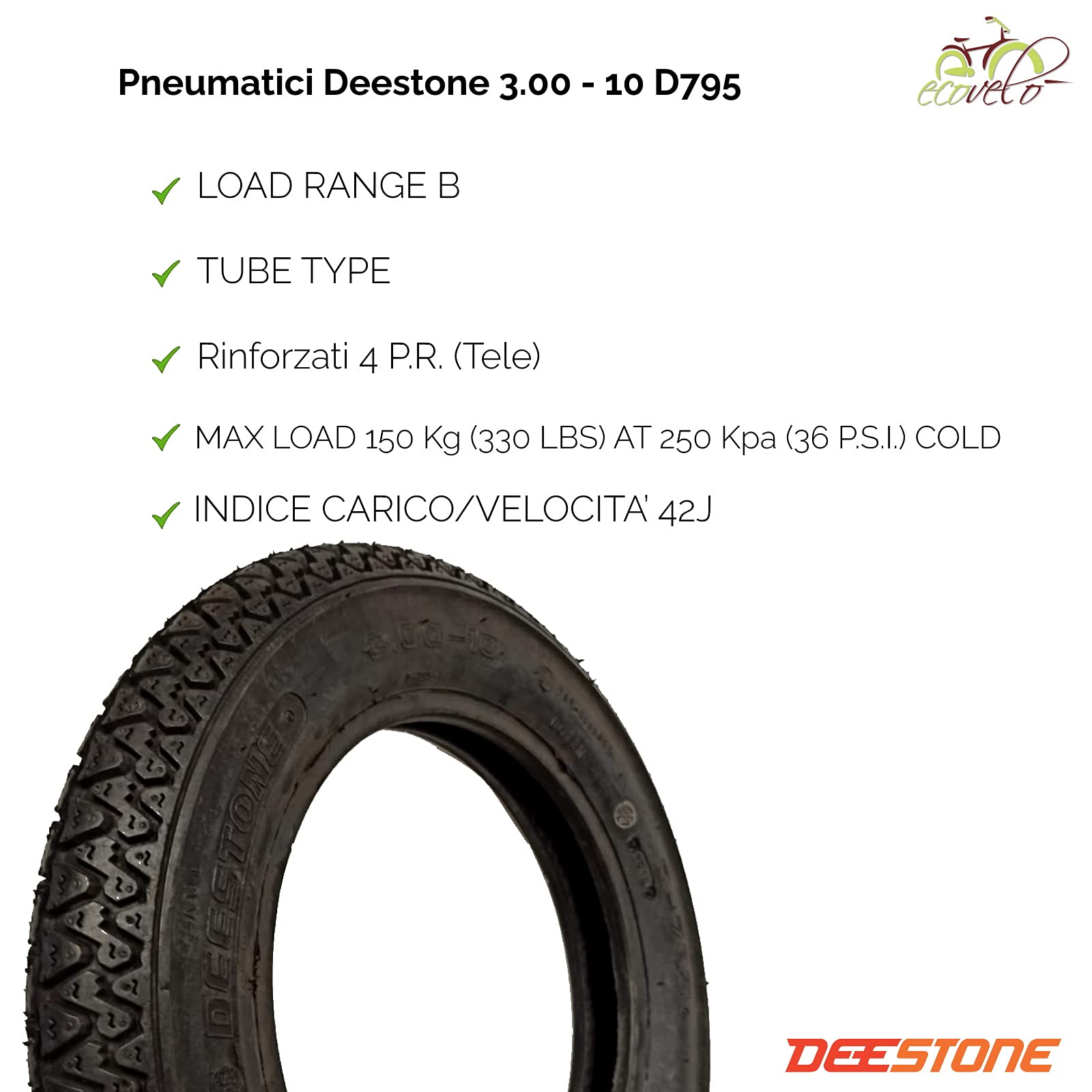 KIT 2 COPERTONI DEESTONE 4 P.R. 3.00 10 42J + CAMERE D’ARIA COMPATIBILI CON VESPA 50 SPECIAL PK 50 S XL N 125 ET3