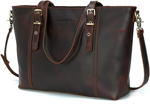 STAR VISTA Scopella Bolsa de cuero de grano completo, XL, portátil de 15.6 pulgadas, cremalleras YKK, asas ajustables y correa, funda para carrito