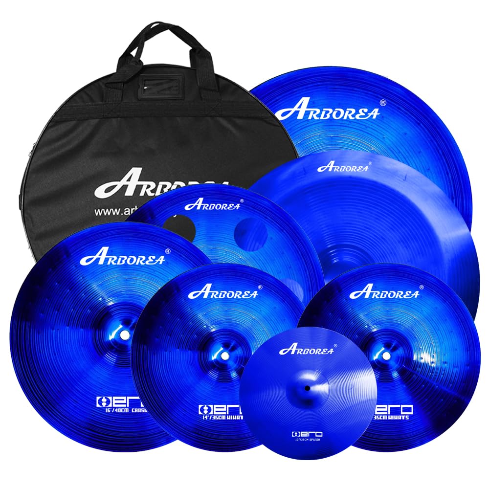 Arborea Cymbal Pack for Drum 7 pcs Blue Hero Series Include 14"Hihats 16"Crash 20"Ride Bonus 10" Splash 16"Ozone Stacker 18" China Cymbal Free Cymbal Bag