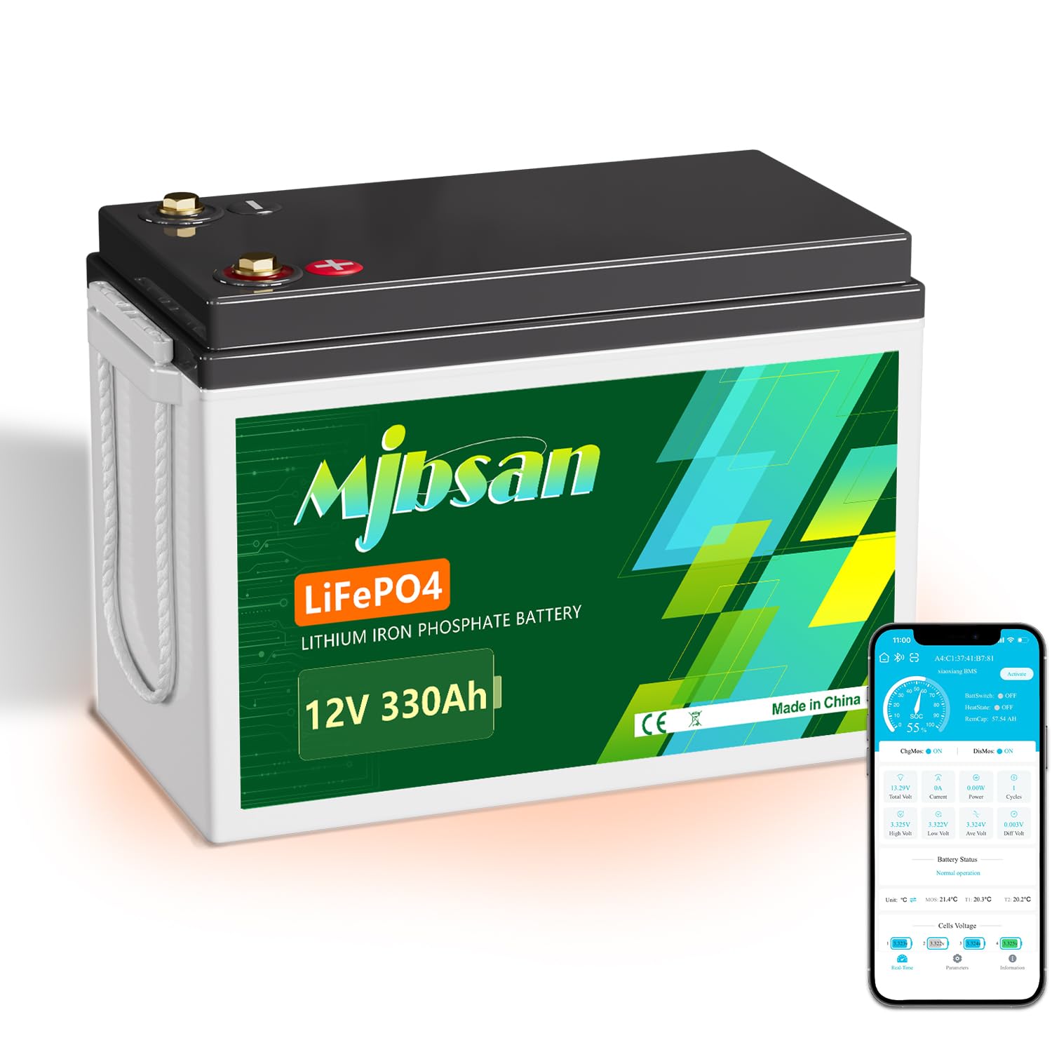 Mjbsan 12V 330Ah Selbsterwärmung LiFePO4 Lithium Batterie mit 200A BMS mit APP Bluetooth 8000+ Tiefzyklus Lithium Akku, 4224Wh Energie Max. 2560W Ladeleistung für Wohnmobile, Off-Grid