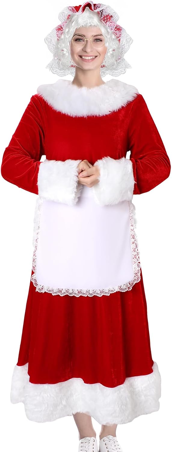 Suhine 5 Pcs Christmas Mrs. Santa Costume for Women Adult Santa Claus Dress with Apron Wig Hat and Glasses for Cosplay Party