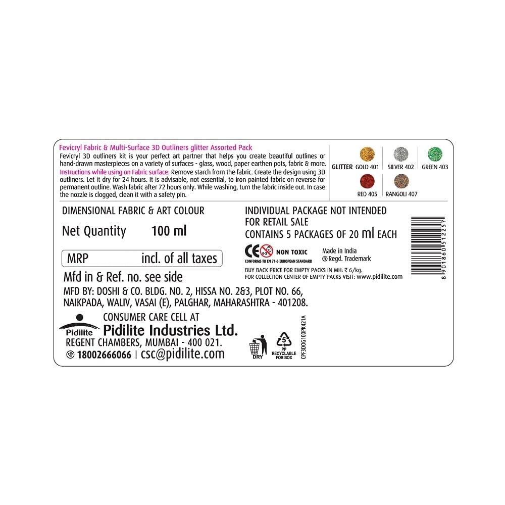 Fevicryl 3D Outliners Glitter Kit 20ml x 5 | Fabric and Multi-Surface 3D Outliners Assorted Pack, Multi Colour | DIY Art & Craft | Ideal for Artists, Gifting 3