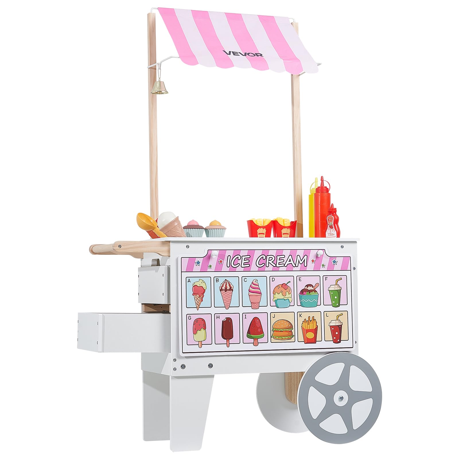 VEVOR Carrito de Helados, Más de 20 Accesorios, Juego de Simulación de Heladería, Cocina, Juguetes con Helado y Paleta, Toldo y Congelador, Cajones, para Niños de 3 a 7 Años, 747 x 350 x 1220 mm
