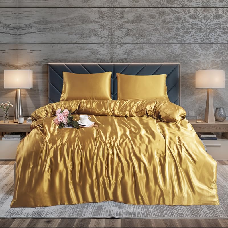 WEAVERS: Luxurious 3-Piece Silky Satin Duvet Cover Set. Reversible Zippered Duvet Cover with a Pair of Pillowcases. (Size King, Colour Dull-Gold)
