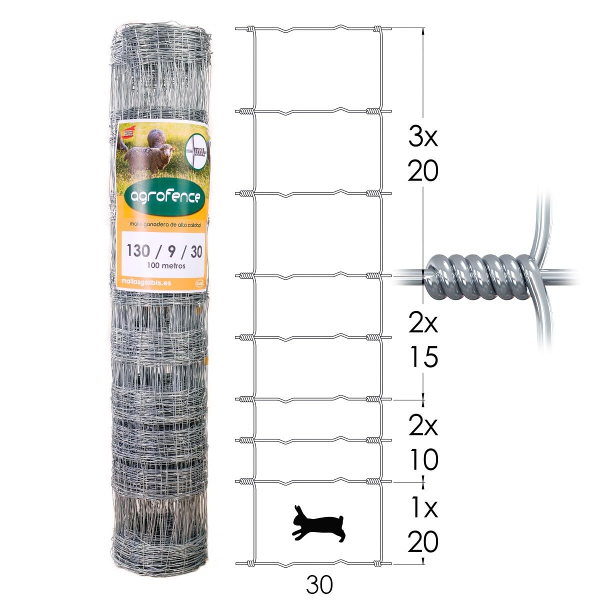Malla Anudada Galvanizada - Cinegética | Rollo: 100m | Alto: 130cm | Diámetro: 34cm