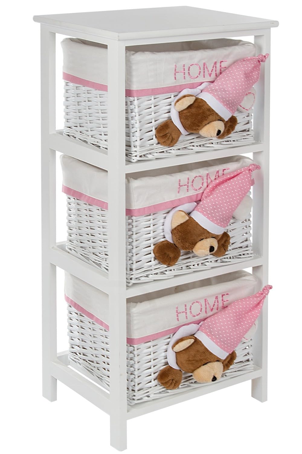 Kommode Sleepy Bear, Weiß/Pink, mit 3 Körben, Schubladenorganizer für Kleidung, Mehrfarbig, einzigartig