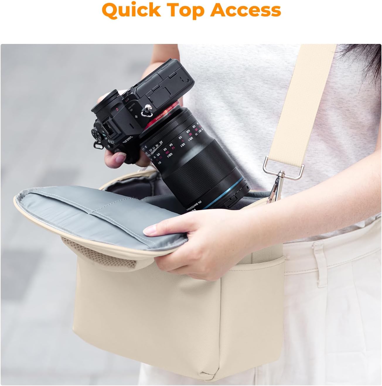 K&F CONCEPT Camera Sling Bag Small Crossbody Camera Case DSLR/SLR/Cute Compact Shoulder Photography Bags for Photographers-Beige - Image 4