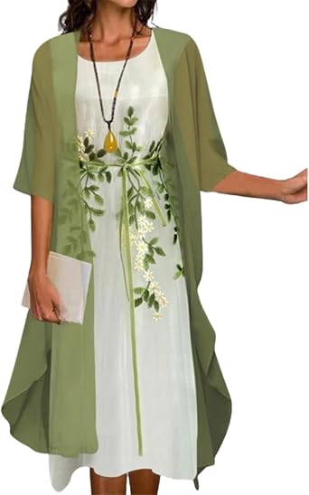 Zhyaj Womens Floral Print Midi Dress with Chiffon Cardigan Plus Size Sleeveless Two Piece Set for Wedding Guest Attire