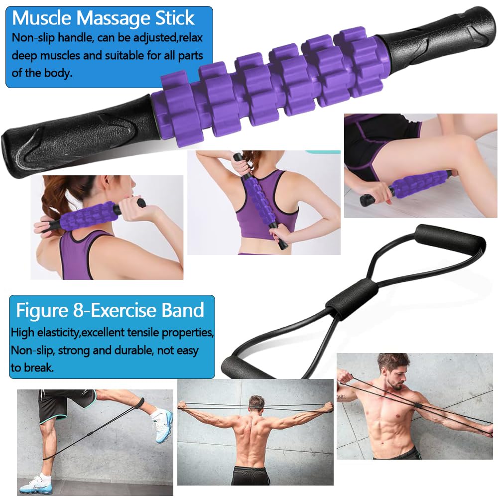 Rullo Massaggio Muscolare, Qveetry 6 in 1 Foam Roller Rullo in Schiuma Pallina Massaggiante Bastone Massaggio bande di resistenza per Stretching Yoga Pilates Rilascio Miofasciale