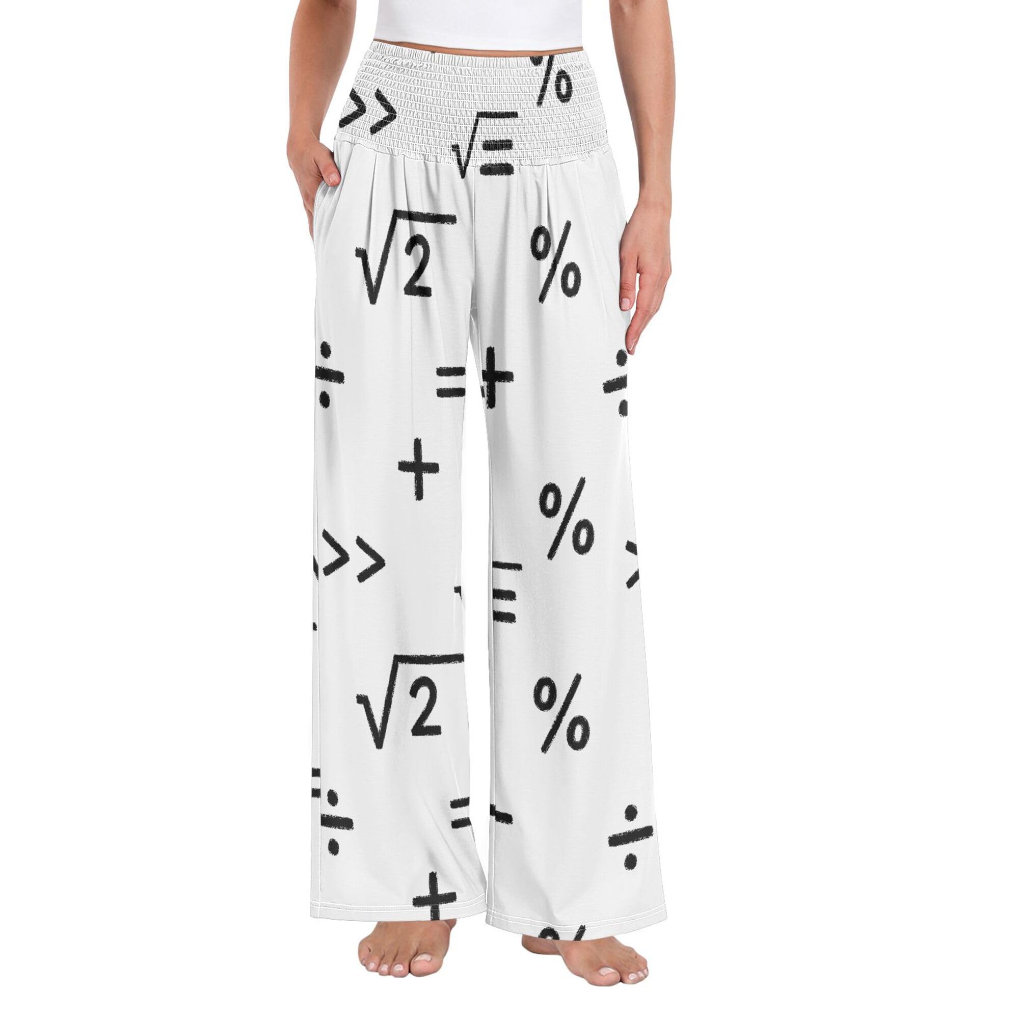 Exnundod Womens Wide Leg Pants Mathematical Symbols Pattern Smocked High Waist Palazzo Pant Loose Trouser with Pockets Large Mathematical Symbols Pattern
