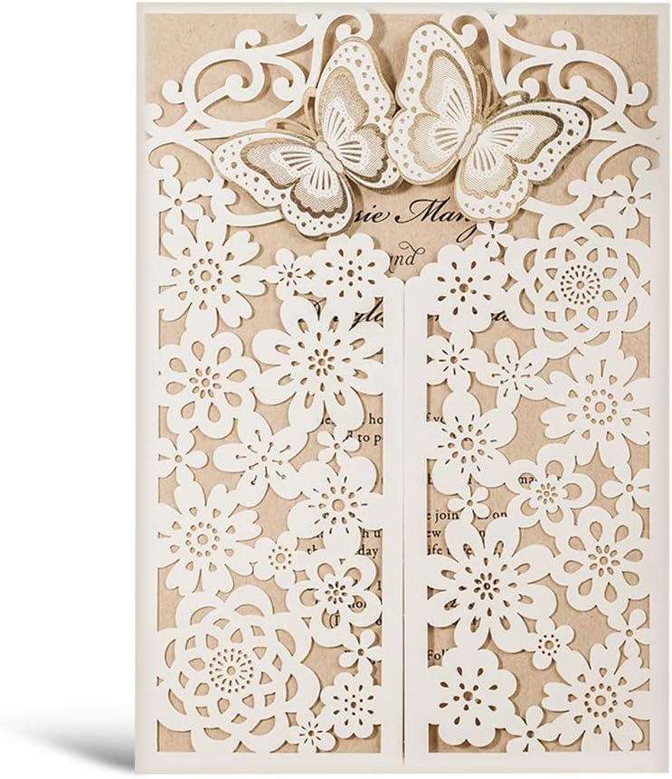 WISHMADE 3D Butterfly Wedding Invitations with Envelopes, Laser Cut Floral Gate Invitations Kit for Baby Bridal Wedding Shower Baptism CW7085W (50 Set, White)