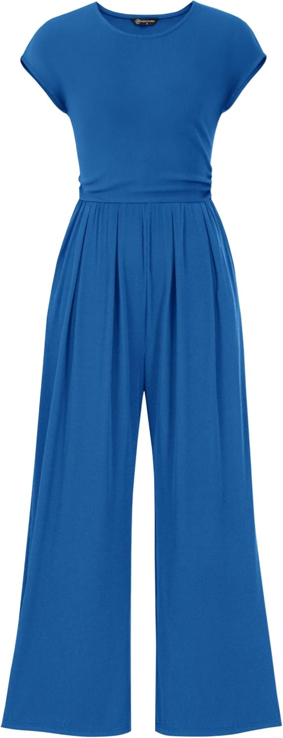 PRETTYGARDEN Summer Jumpsuits for Women Dressy 2025 Ribbed Cap Sleeve Wide Leg Pants Rompers Elegant Casual One Piece Outfits