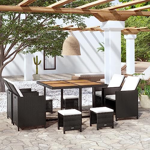Genérico Set Comedor de jardín 9 pzas ratán sintético y Madera Negro,Mobiliario,Muebles de jardín,Conjuntos de jardín,Negro,42530