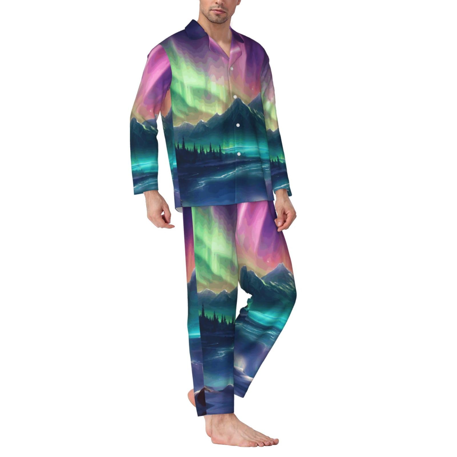 Dark Northern Lights Print męska piżama z długim rękawem zestaw bielizna nocna dwuczęściowy zestaw wypoczynkowy oddychająca bielizna nocna