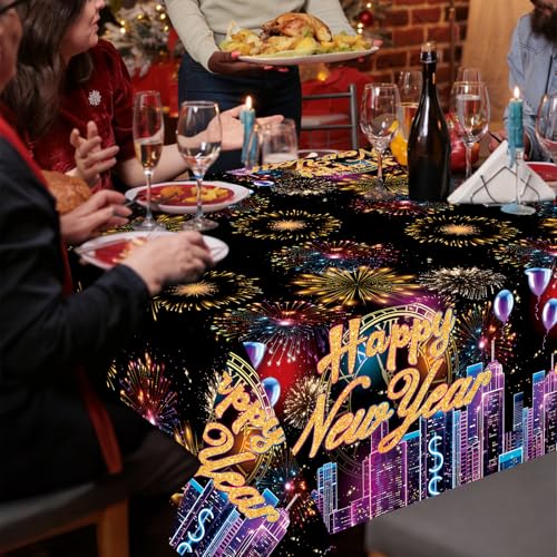 Image of Gistome 3-Piece 54 x 108 Inch Happy New Year Plastic Tablecloth - Fireworks and City Skyline Disposable Table Covers for New Year's Eve Parties, Countdown Celebrations, and Holiday Decorations