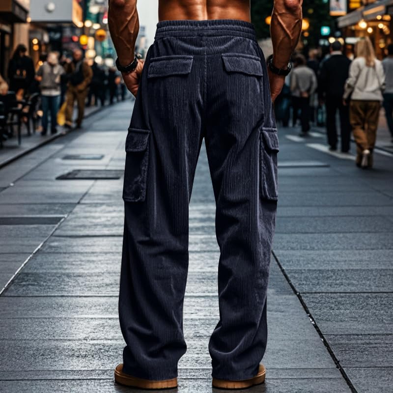 Casual Cargo Drawstring Pants for Men Staright Leg Trendy Outfits Elacstic Waist Solid Color Trousers with Pockets3