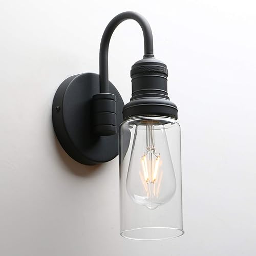 Miniatura 7 de PERMO Aplique industrial vintage de cuello de cisne de montaje en pared con pantalla cilíndrica de vidrio transparente de 3.1 pulgadas (negro)