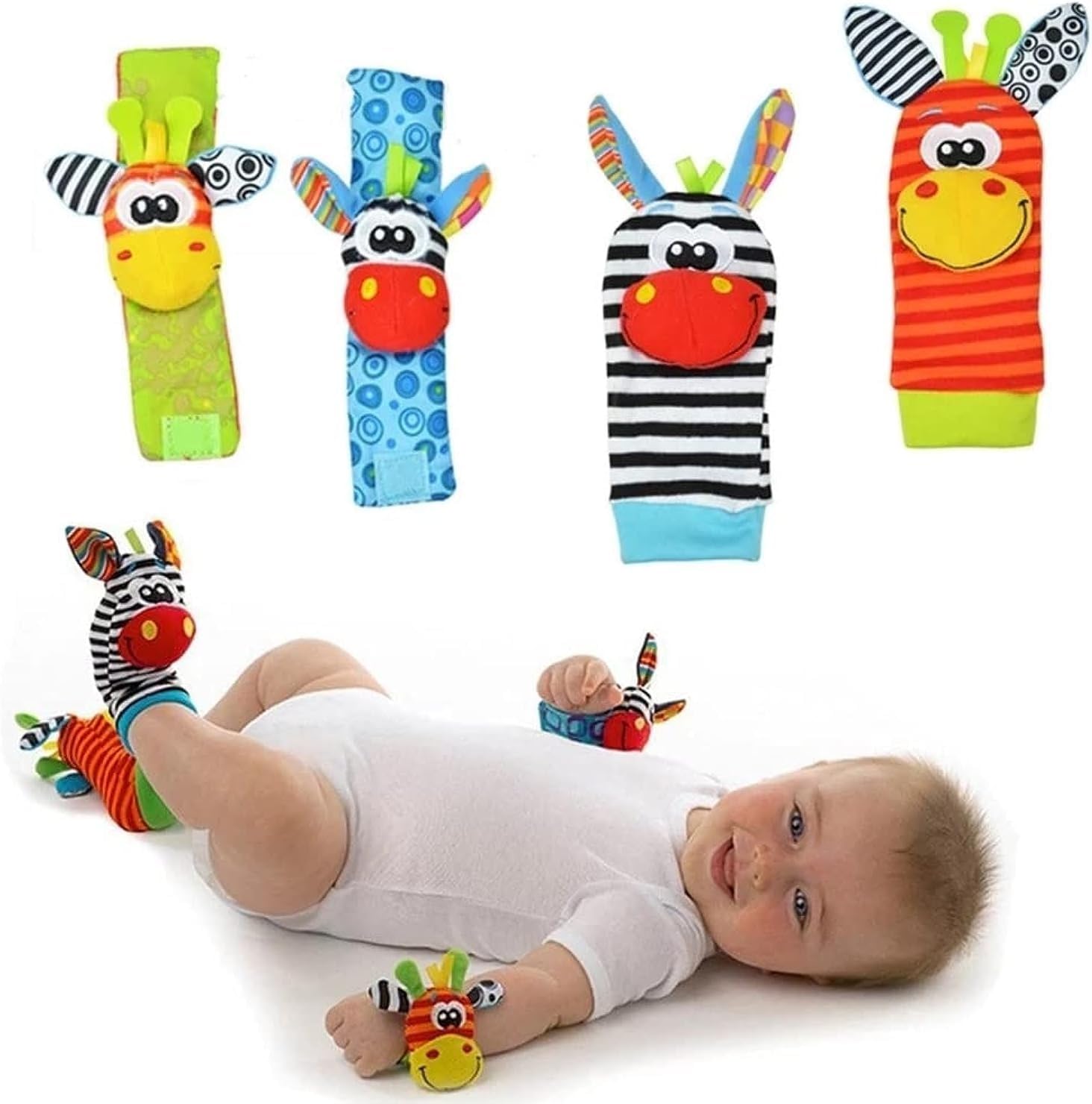 ZAITRO Baby Wrist and Foot Rattle Toys and Socks, 4 pcs Newborn Cute Baby Animal Development Includes Foot Finders, Toddler Baby Toy,Boys Girls Toys for Infants 0 3 6 12 Months
