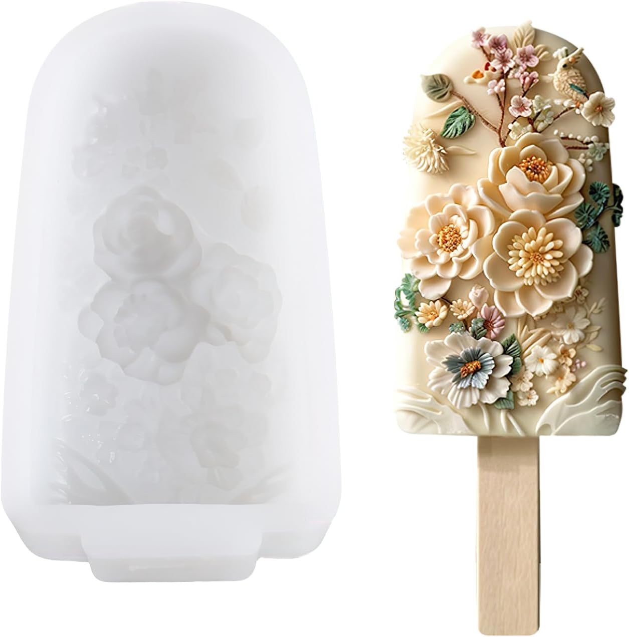 1 Pcs Popsicle Silicone Molds Flower Ice Cream Molds BPA-free Easy Unmold Chinese Style Fresh Flowers Flourishing Blossom Popsicle Silicone Molds Reusable Ice Lolly Moulds
