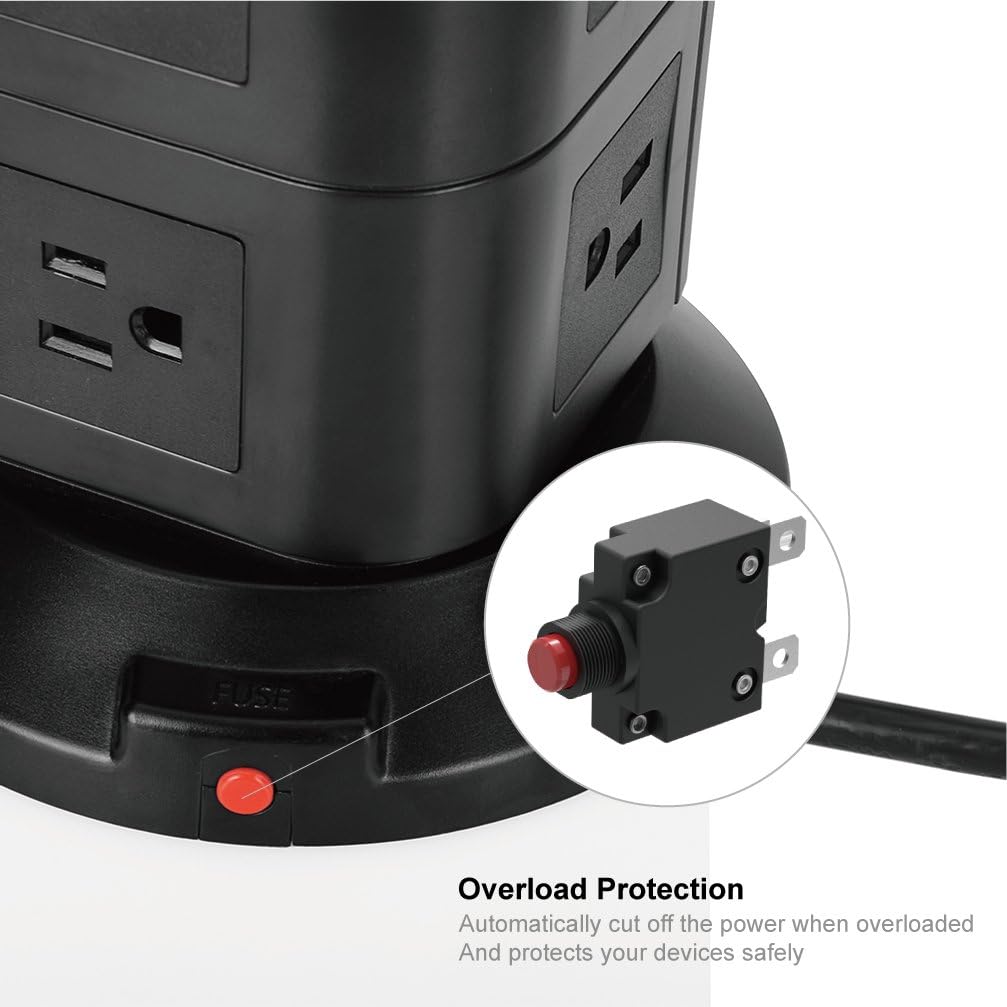 SAFEMORE 10 Outlet Power Strip Surge Protector with 4 USB Charger Ports, Convenient One-Way Push Button,Flexible Tower Power Strip with 6.5Ft Heavy Duty Extension Cord Black