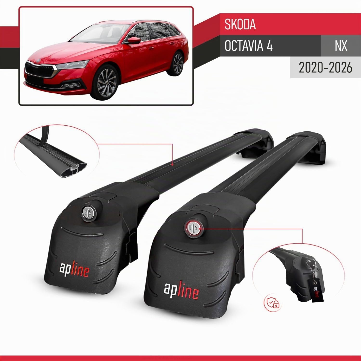 RE&AR Tuning Compatible con Skoda Octavia 4 (NX) 2020-2025 Ace-2 Barras de Techo Auto Portaequipajes Barras Transversales Negro Aluminio 2 Barras
