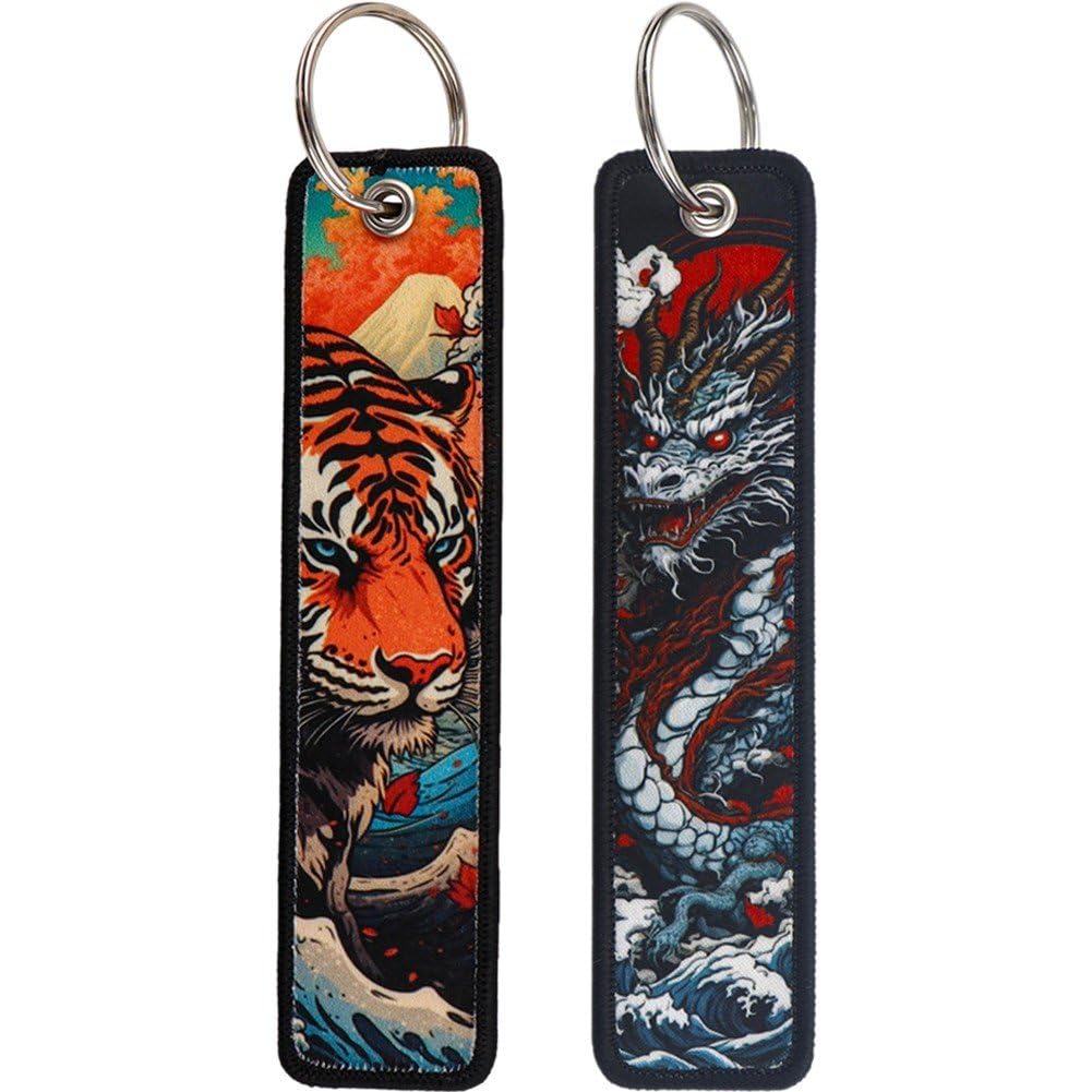 2pcs Dragon and Embroidery Key Fob Japanese Cartoon Keychain Motorcycle Keychain Woven Label Keychain for Backpacks, Wallets, Car
