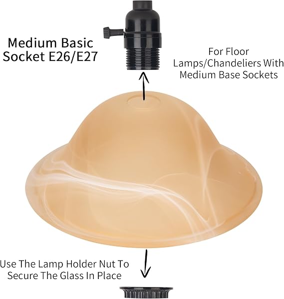 Glass Lamp Shade Replacement for Torchiere Floor Lamps，Lamp Shade for Floor Lamp Compatible with E26 Socket, Standing Lamp Replacement Shade, Alabaster Glass Bowl Shade,E26 Socket Not Include (Amber)