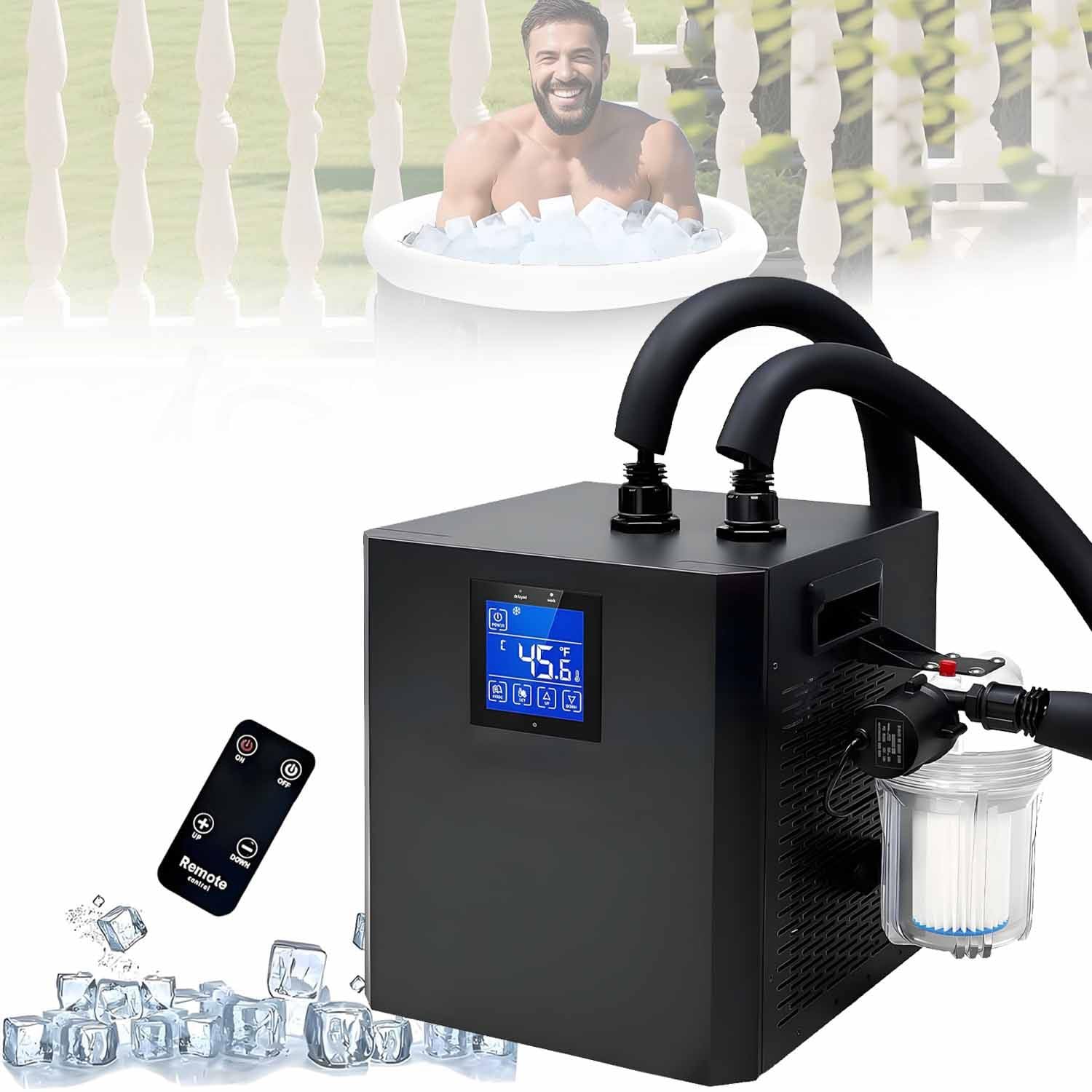 Refrigeratore d'Acqua a Bagno di Ghiaccio da 1/3 di Cavallo, refrigeratore ad Immersione Fredda, raffredda Fino a 4°C, con Telecomando, Filtro Esterno e Pompa sommergibile. Doublewaterpump
