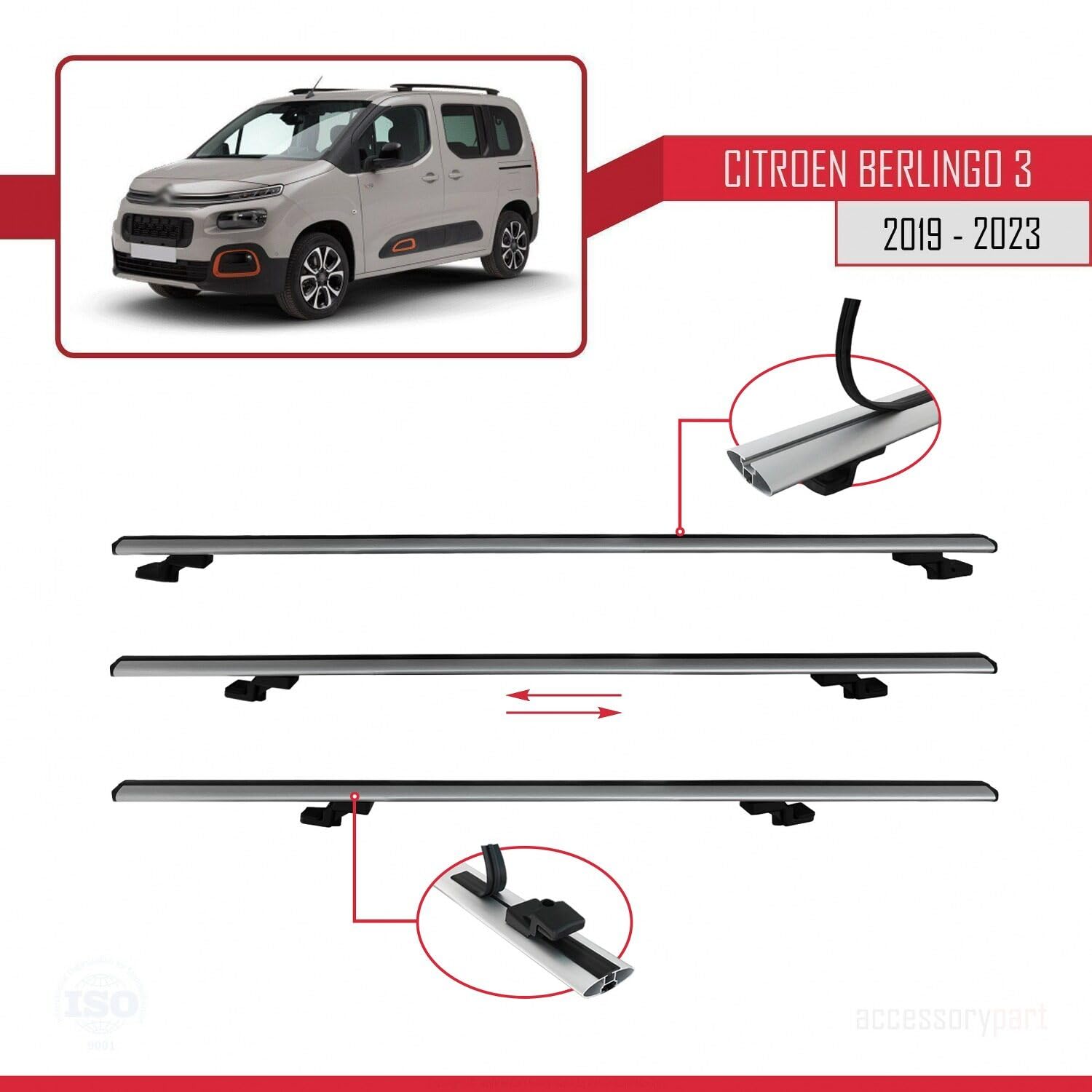 Kompatybilny z Citroen Berlingo 3 (K9) 2019-2022 BASIC Model Aluminiowy bagażnik dachowy 2 poprzeczki, szary