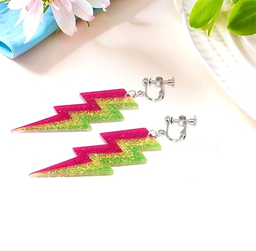 Miniatura 4 de Aretes de neón de los años 70 y 80 para mujer, sin perforaciones, coloridos relámpagos, acrílicos, retro, geométricos, truenos, para atuendo de los
