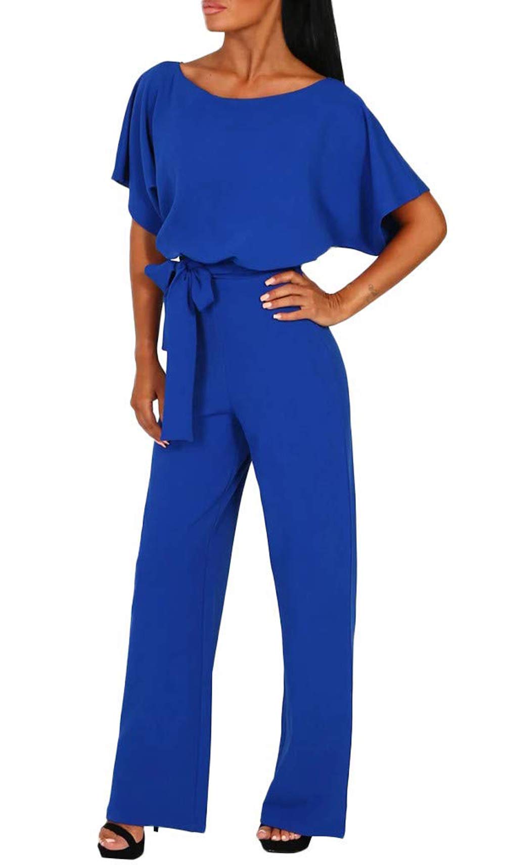 Anikigu Womens Summer Straight Leg Jumpsuit with Belt Shrot Sleeve Long Playsuit
