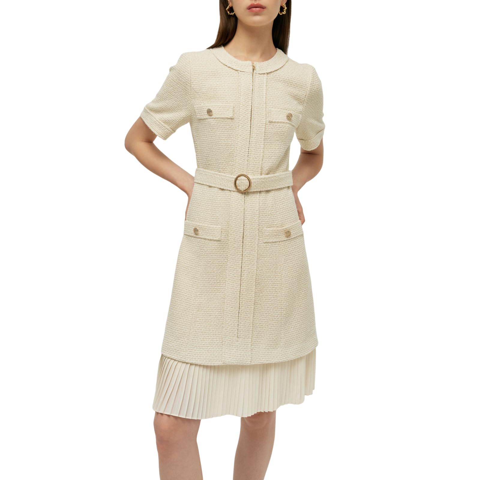 Summer Tweed Dresses for Women Short Sleeve A-Line Mini Crew Neck Lace Elegant Dress Casual Daily