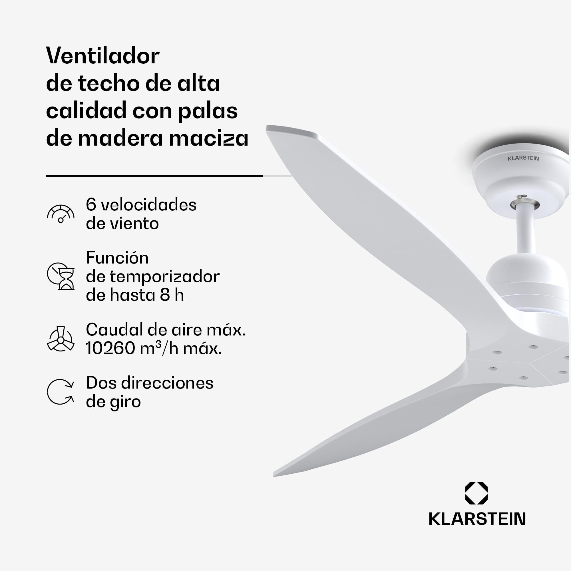 KLARSTEIN Santa Elena Ventilador de Techo 52" – Mando a distancia, 6 velocidades, Silencioso (45 dB), 9060m³/h, Aspas de Madera, Modos Verano e Invierno, Temporizador de 8h