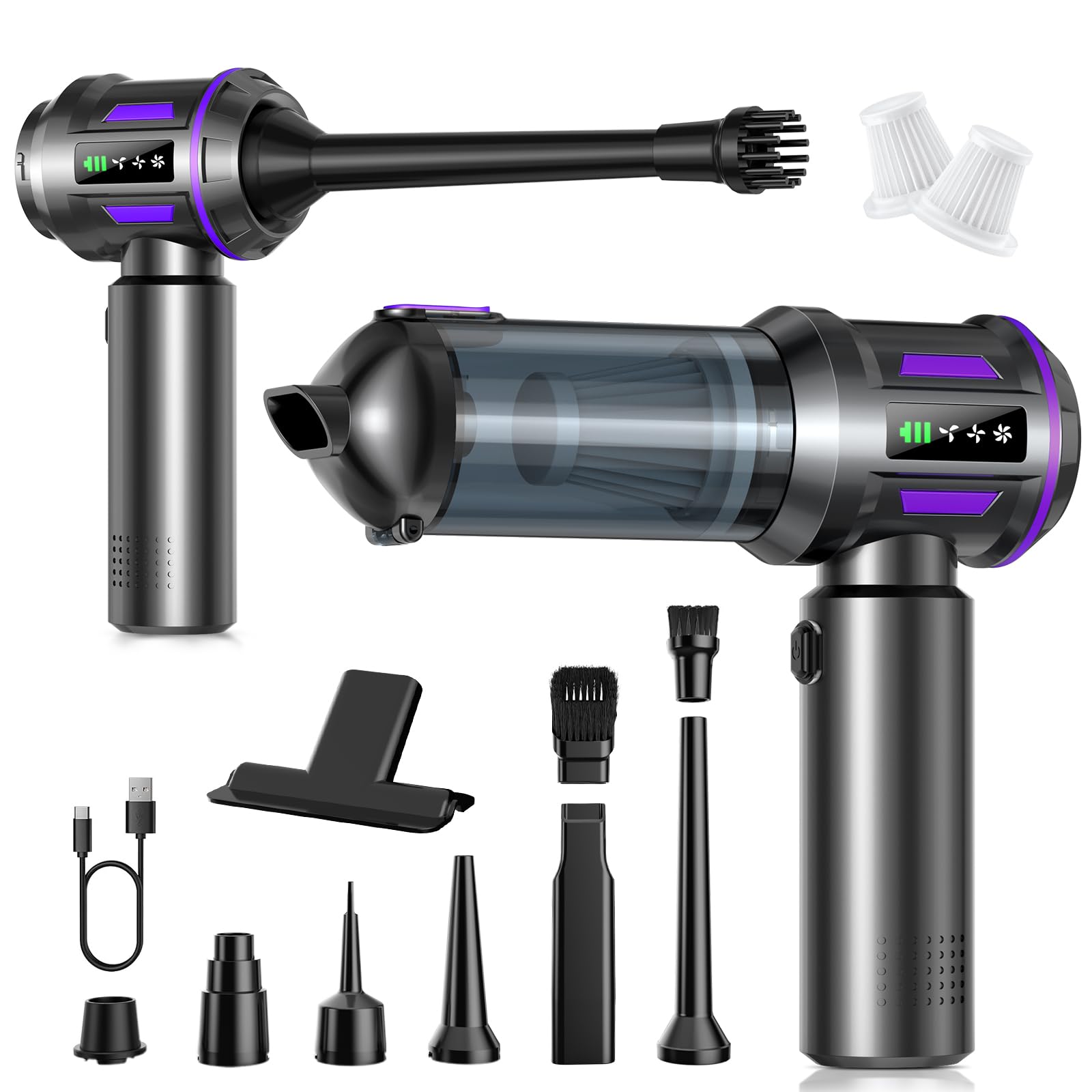 Aspirateur à Main sans Fil 28000Pa, 4-en-1 Aspirateur Voiture avec Moteur Brushless, Display LCD, Batterie 8000mAh, Recharge USB-C – pour Auto, Maison, Bureau, Polstermöbel