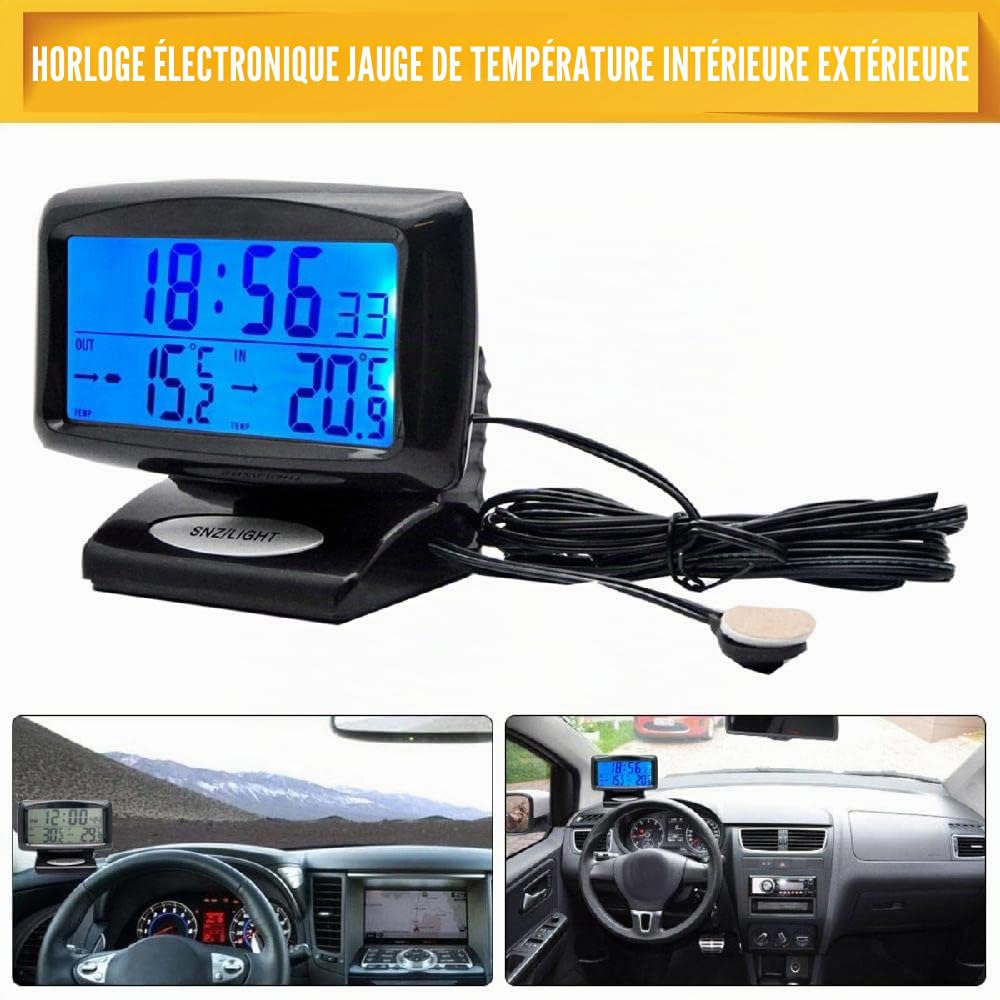 Thermomètre de mesure de température à l'intérieur et à l'extérieur de la voiture, horloge électronique, rétro-éclairage LCD bleu pour voiture avec affichage numérique et thermomètre