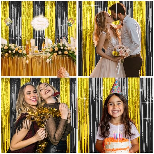 Image of 4 Packs Black and Gold Foil Fringe Curtain, Black Gold Metallic Tinsel Backdrop for Birthday, Wedding, Graduation Decorations 2025, Anniversary, Retirement Party Decorations Supplies