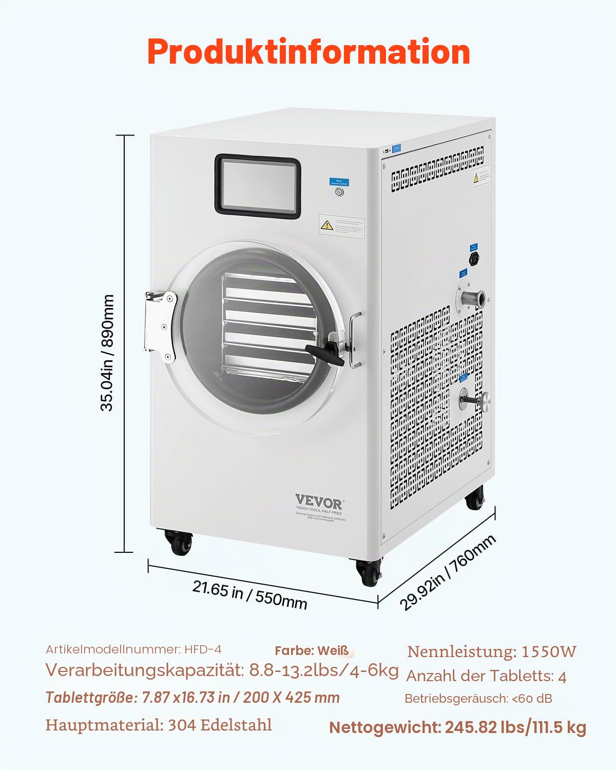 VEVOR Gefriertrockner Gefriertrocknungsmaschine Trocknungsausrüstung (4–6 kg Kapazität) für Lebensmittel mit 4-lagigen Tabletts & einstellbarer Temperatur und Zeit, für Früchte Obst Weiß