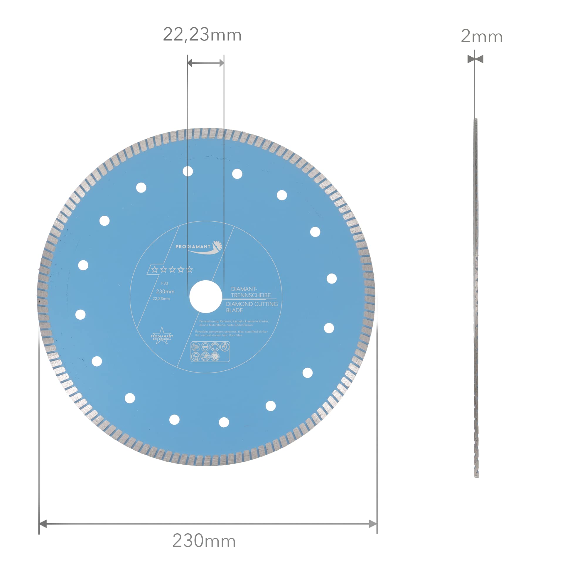 PRODIAMANT F33 - Disco diamantato professionale, ø 230 mm, per pietre naturali, granito e piastrelle, foro 22,2 mm, M14, extra sottile, in pietra naturale