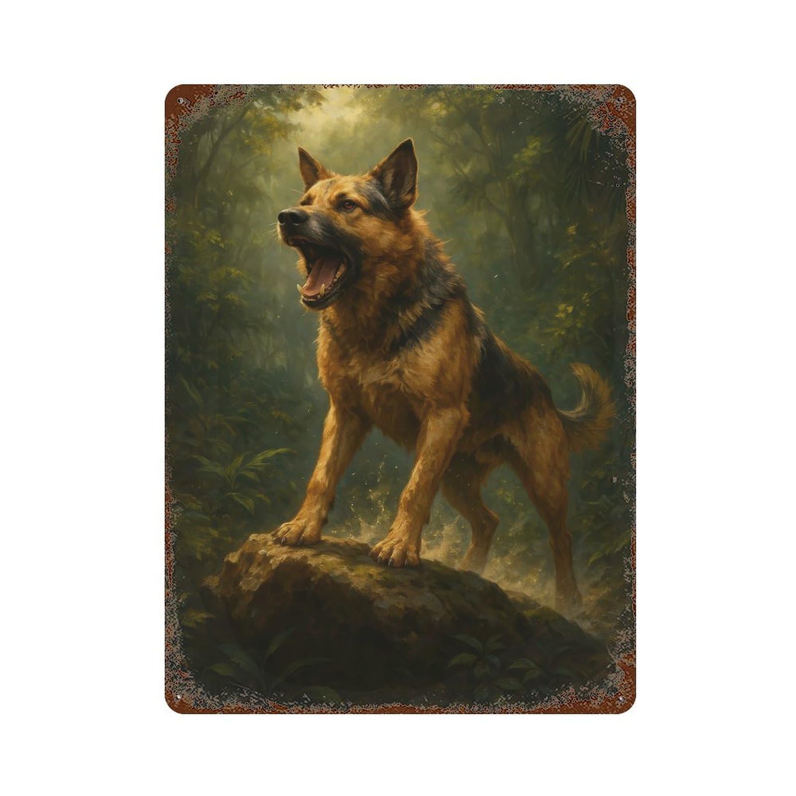 Rust Effect German Shepherd Dog Roaring in Forest Rustic Tin Plaque 15.7"x11.8", Classic Wall Plaque for Shed, Workshop And Garage Wall Decor