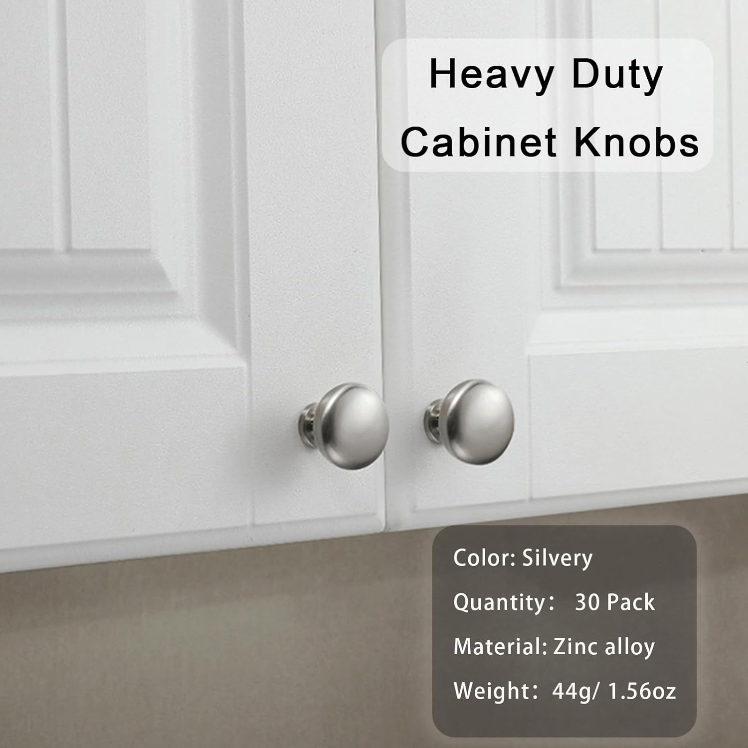 30 Pack Cabinet Knobs Solid Drawer Knobs, Durable Zinc Alloy Cupboard Drawer Knobs for Kitchen Bathroom Closet Dresser Cabinets with 2 Size Screws, Silver